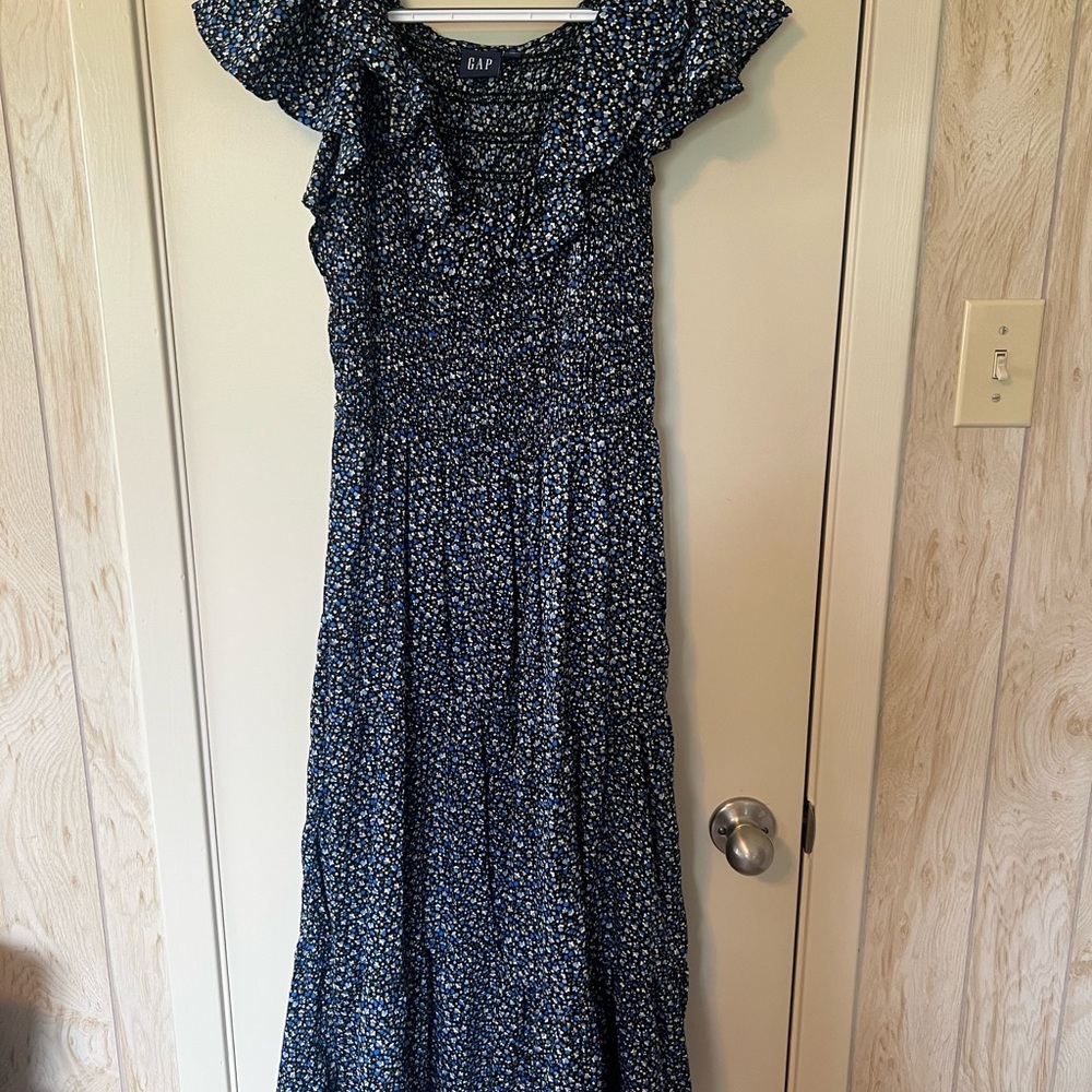 GAP Blue and White Off-the-Shoulder Maxi Dress